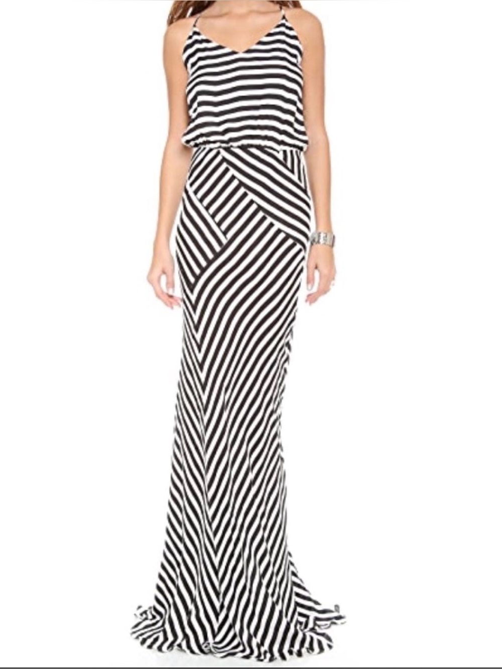 Mason Black White Striped Maxi Dress Women's V-Neck Spaghetti Strap 100% silk 2
